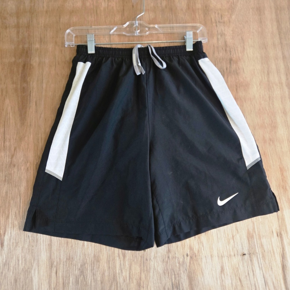 Nike Running Dri-Fit Shorts Mens Small Black White Stripe Swoosh Athletic Track